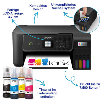 Epson EcoTank ET-2870 A4 multifunction Wi-Fi ink tank printer, with a supply of ink included that can last up to 3 years.