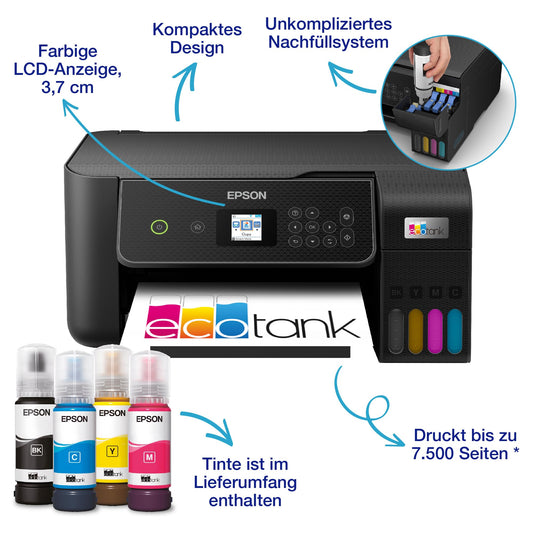 Epson EcoTank ET-2870 A4 multifunction Wi-Fi ink tank printer, with a supply of ink included that can last up to 3 years.