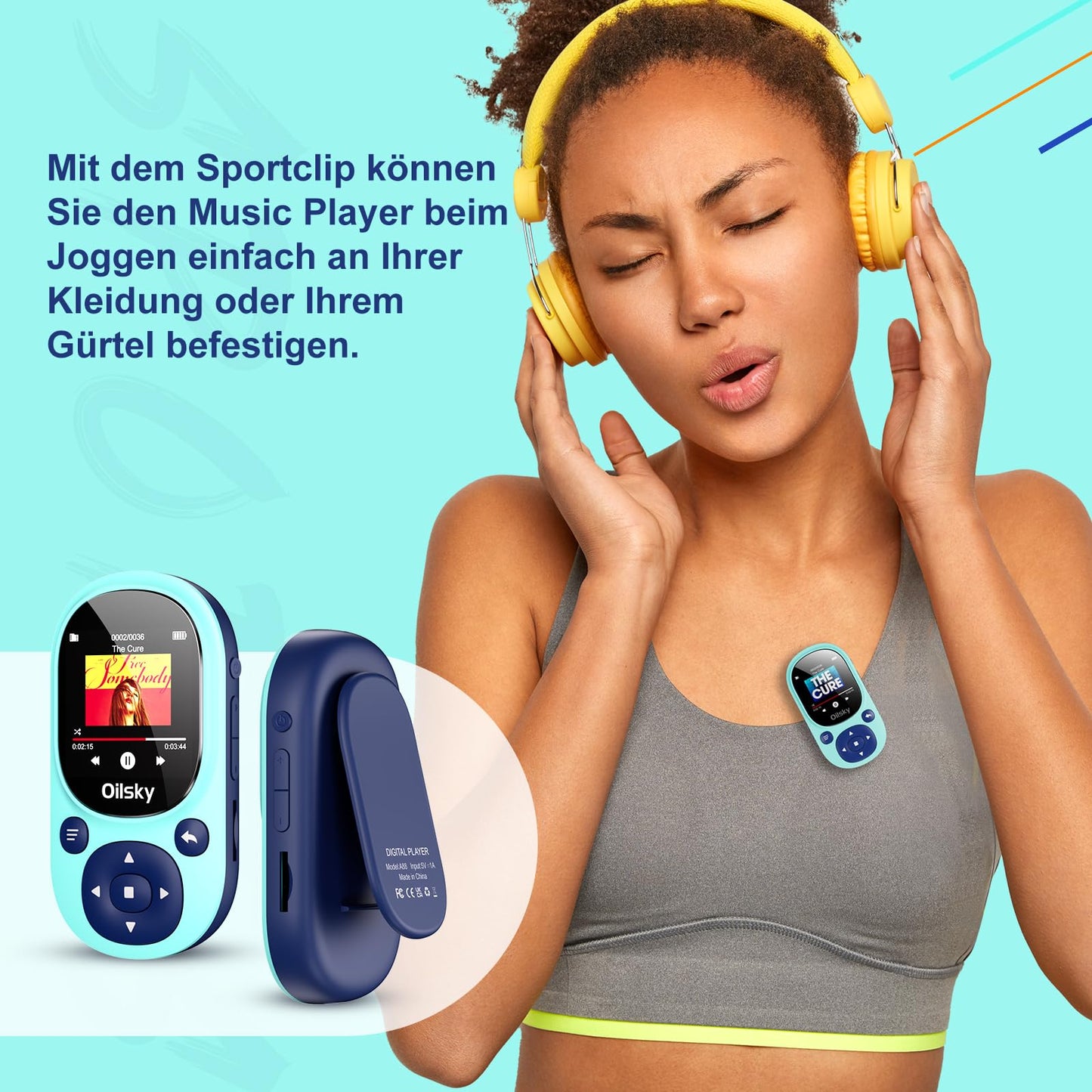 64GB Bluetooth MP3 player, Oilsky Clip-on Mp3 player for sports, mini portable music player for kids with FM radio, recording, pedometer, includes earphones.