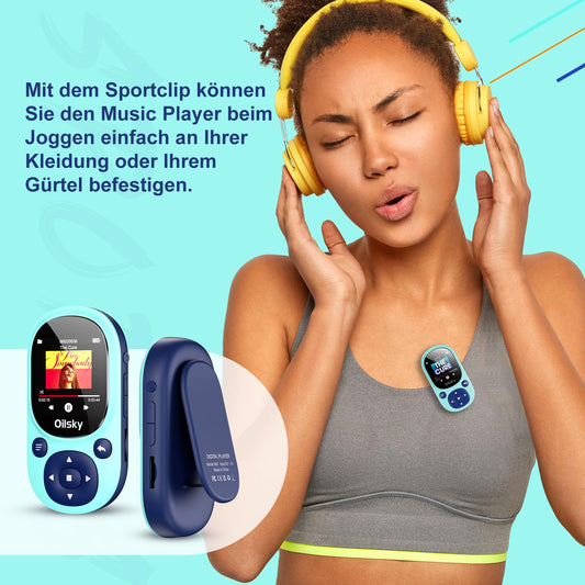 64GB Bluetooth MP3 player, Oilsky Clip-on Mp3 player for sports, mini portable music player for kids with FM radio, recording, pedometer, includes earphones.