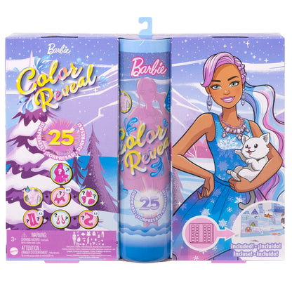 Barbie Color Reveal Advent Calendar includes 1 Color Reveal doll & 3 pets, clothing, accessories & 2 hair extensions, 25 surprises, perfect Christmas gifts for kids, HJD60.