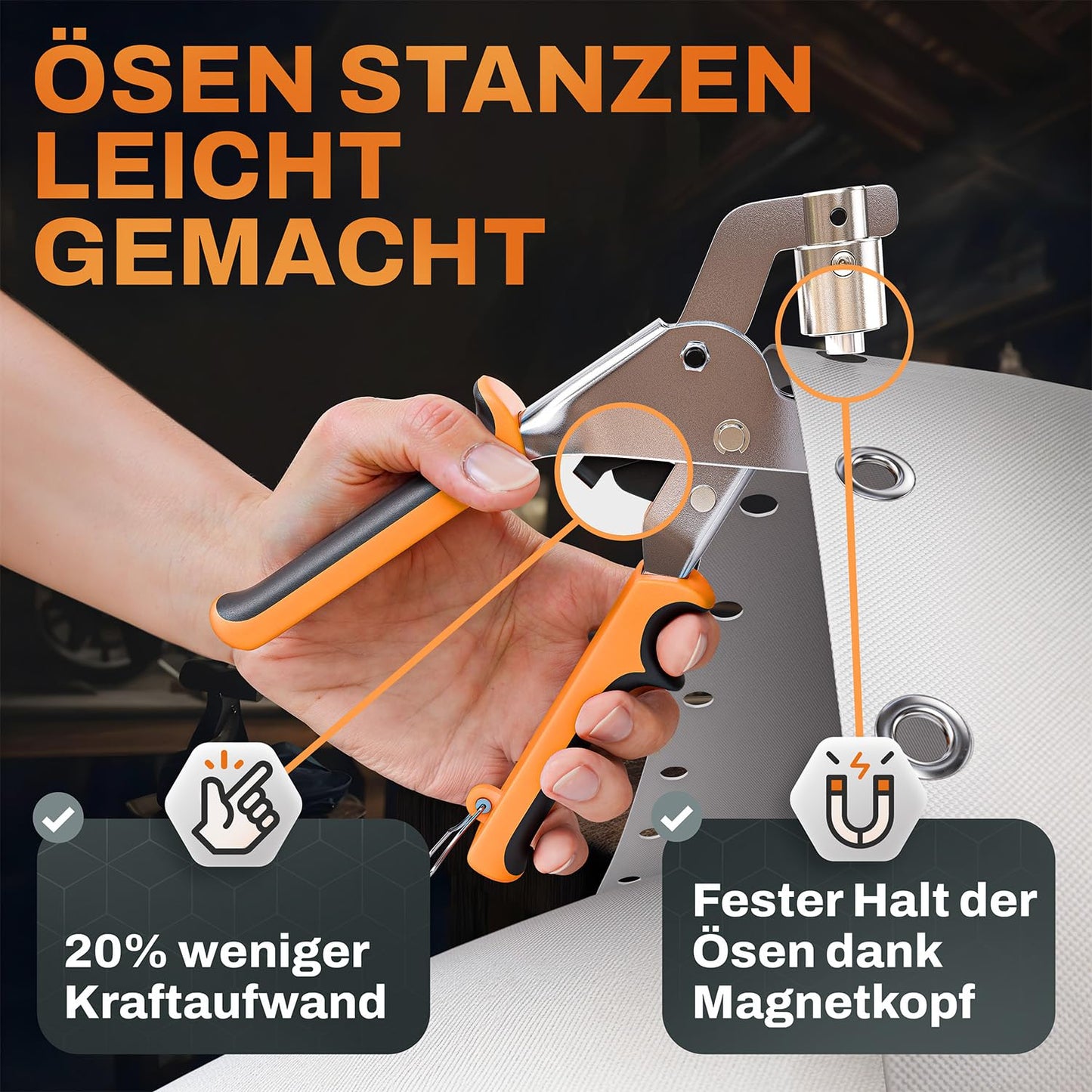 Craftus® Professional Eyelet Tool Set with 200 stainless steel eyelets (Ø 10mm) I Magnetic eyelet press made of hardened steel for fabrics & tarps I Eyelet punch for tarp eyelets & metal eyelets.