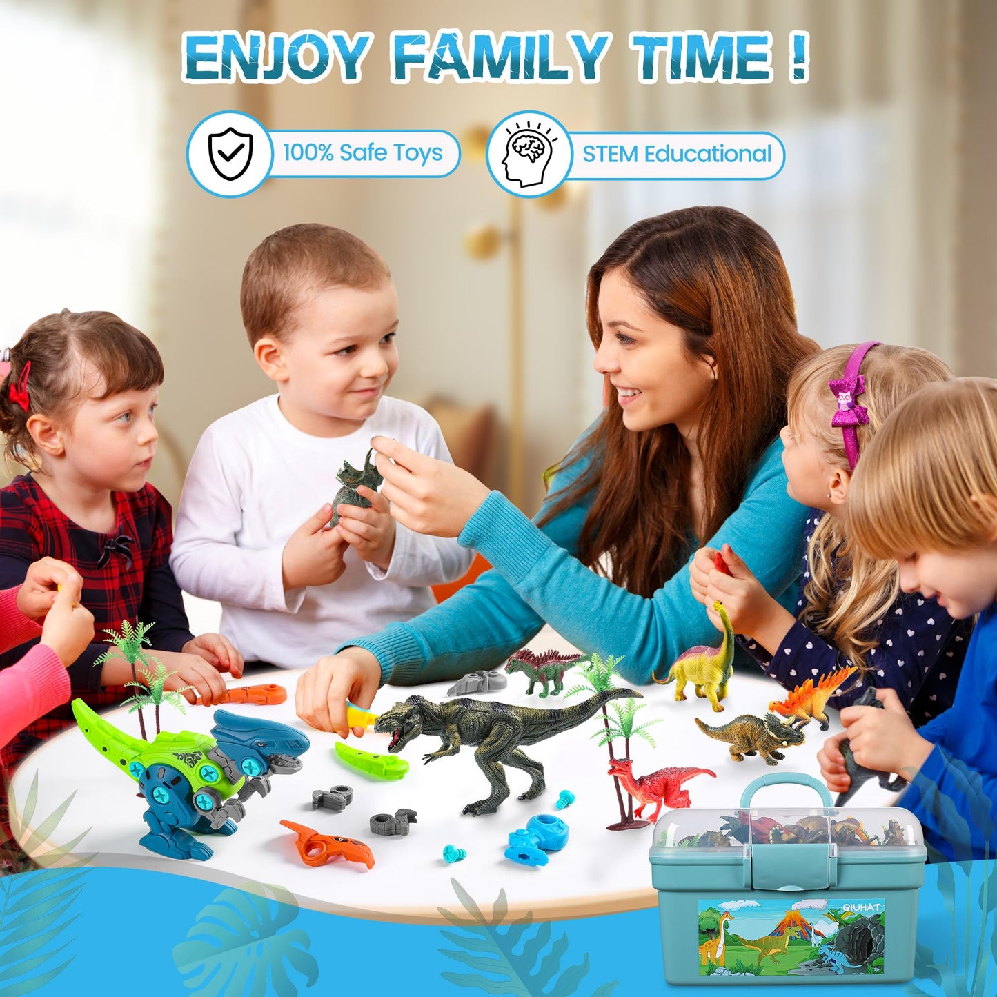Glow in the dark Dinosaur Toy for ages 3 and up, Dinosaur figures and assembly Dino toys, Kids’ toy, Gift for boys girls, Storage box & play mat