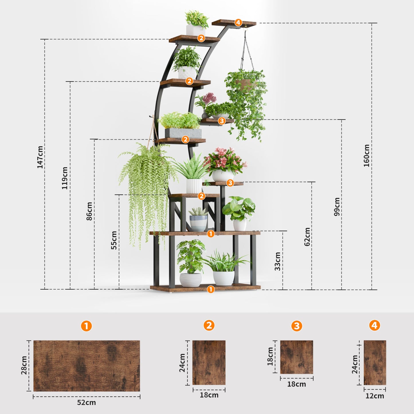 BACEKOLL Indoor Plant Stand: 9-tier metal plant shelf, 160cm tall, accommodates multiple houseplants, corner flower rack for living room, patio, metal/wood, black.