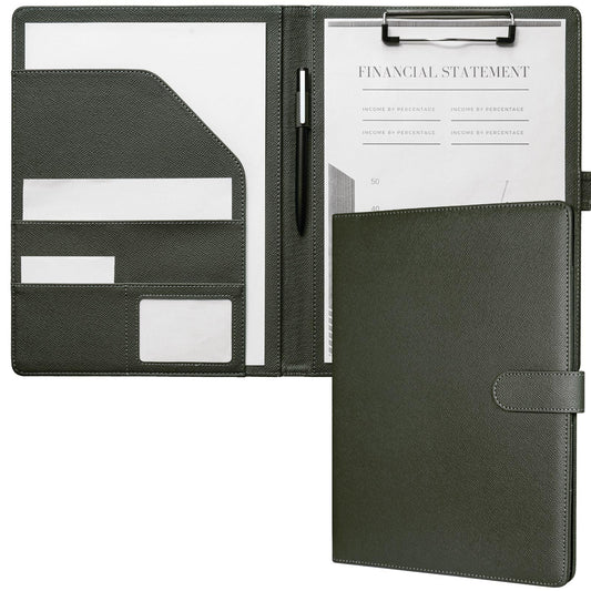 MyMazn A4 Clipboard with Cover, A4 Folder Writing Pad Clipboard Folder, PU Leather A4 Conference Folder with Document Pockets, Pen Holder, and Magnetic Closure (Olive Green)