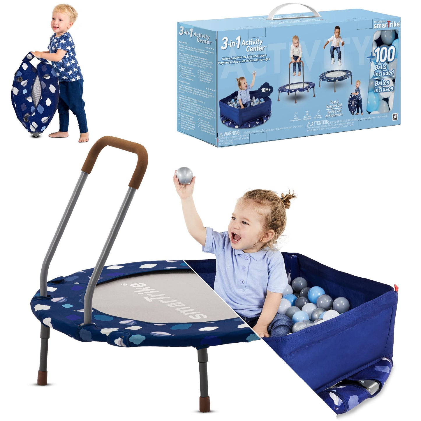 smarTrike Indoor Toddler Trampoline with Handle, Foldable Kids Trampoline, 1-5 Years (Ball Pit and Trampoline, Navy)