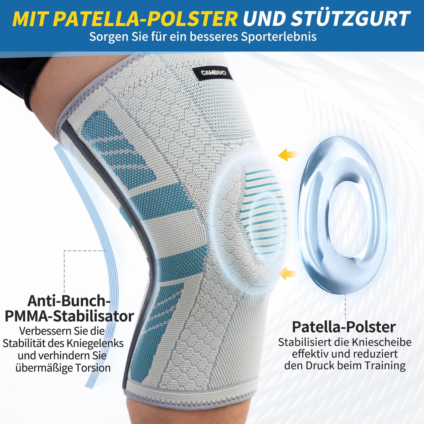 CAMBIVO Knee Brace for Men and Women X2 with PMMA Stabilizers & Patella Padding, Non-Slip & Breathable Knee Support for Meniscus Tear, Arthritis, ACL, Joint Pain, Sports