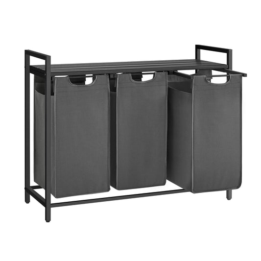 VASAGLE laundry basket with 3 compartments, laundry collector with shelf, laundry box, removable laundry bag made of Oxford fabric, metal frame, 3 x 40 L, 92.5 x 33 x 72 cm, slate gray-anthracite gray BLH301G01