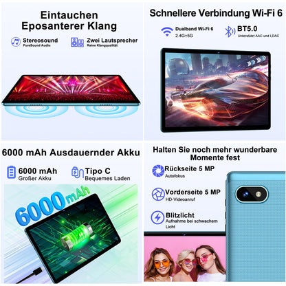 DMOAO 10 inch Android 14 tablet with 5G WIFI, 6GB RAM + 128GB ROM (TF 1TB), Widevine L1, Octa-Core, BT 5.0, Face ID, FHD 1280 * 800 IPS display, 6000 mAh battery, 2 in 1 tablet with keyboard + mouse, Blue.