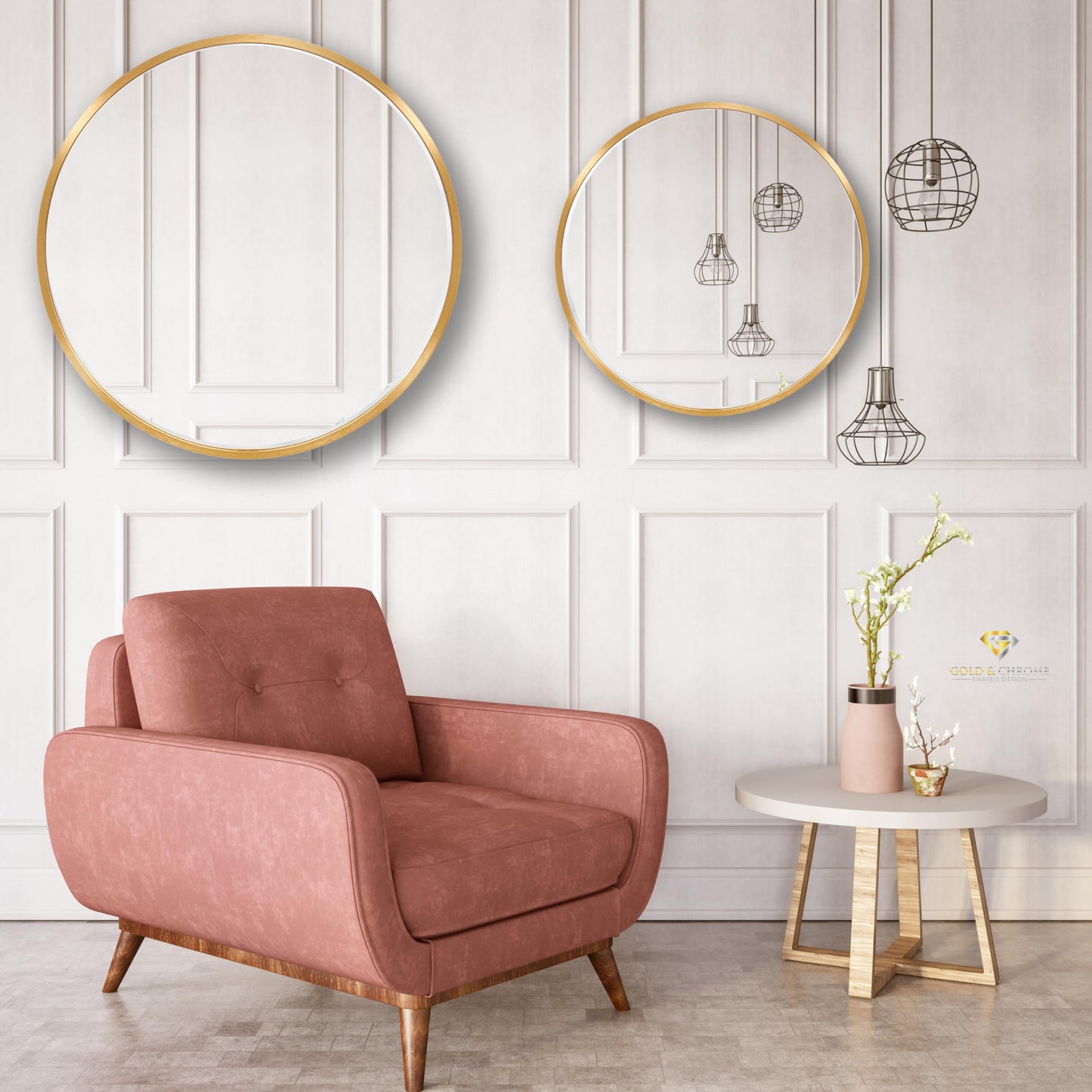 GOLD & CHROME UNIQUE DESIGN Golden wall mirror 50 x 50 cm - Modern, round bathroom mirror made of aluminum, large mirror, round mirror, wall mirror full-length mirror for home