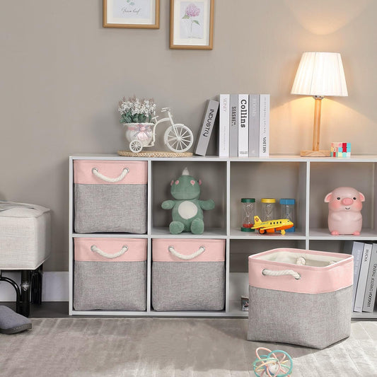Mangata canvas storage boxes, 30 x 30 x 30 cm, fabric bins for shelves, organizing clothes, kids room, home (gray/pink, 3 pack)