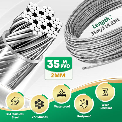 TicKiddos 2mm steel cable, wire rope 35M for home & garden wire fence kit, 304 stainless steel wire rope for climbing plant support system, tent rope, clothesline, hanging lights, picture display, sun sail.