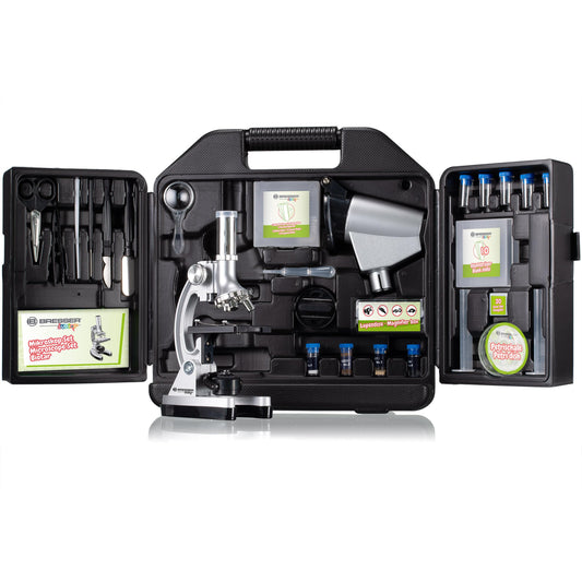 Bresser Junior beginner microscope set Biotar 300x-1200x for kids with battery-powered illumination and extensive accessory package, including carrying case