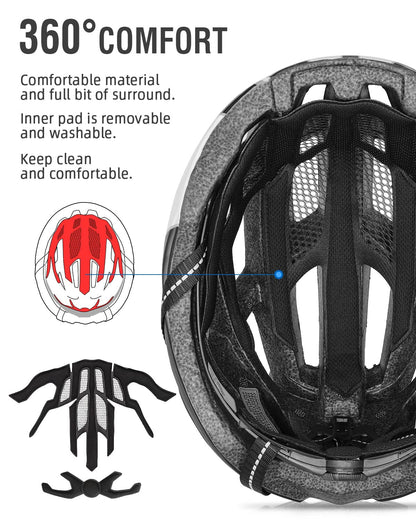 FUNWICT Bike Helmet Men Women Helmet Bike with Removable Magnetic Glasses and Inner Lining LED Rear Light Helmet with Visor for Cycling (BlackYellow)