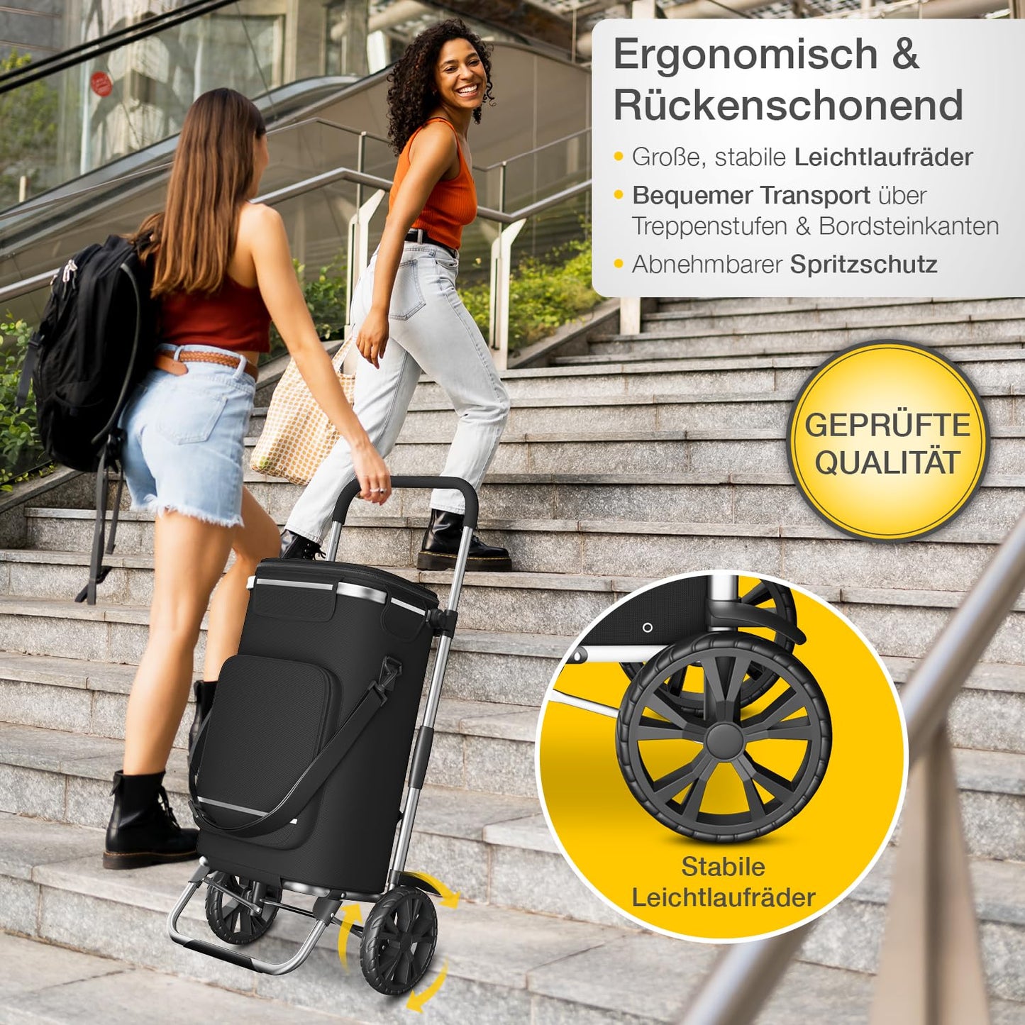 ELONEO Folding shopping trolley with cooler bag, 3-in-1 trolley, hand truck & shoulder bag, shopping cart, 43L capacity & strap, black shopping trolley.