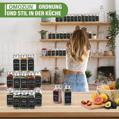 Square Spice Jars with Labels Set of 24: Small 120ml glass spice jars with sprinkle inserts Waterproof labels - Spice storage for kitchen drawer - Silver spice shaker