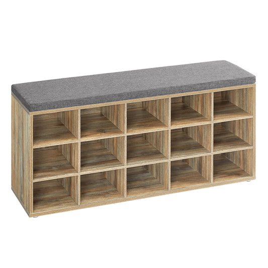 VASAGLE shoe bench, shoe rack with seat, bench with storage, cushion, 15 compartments, for living room, hallway, 30 x 105 x 48 cm, turquoise-brown-dove gray LHS015T60