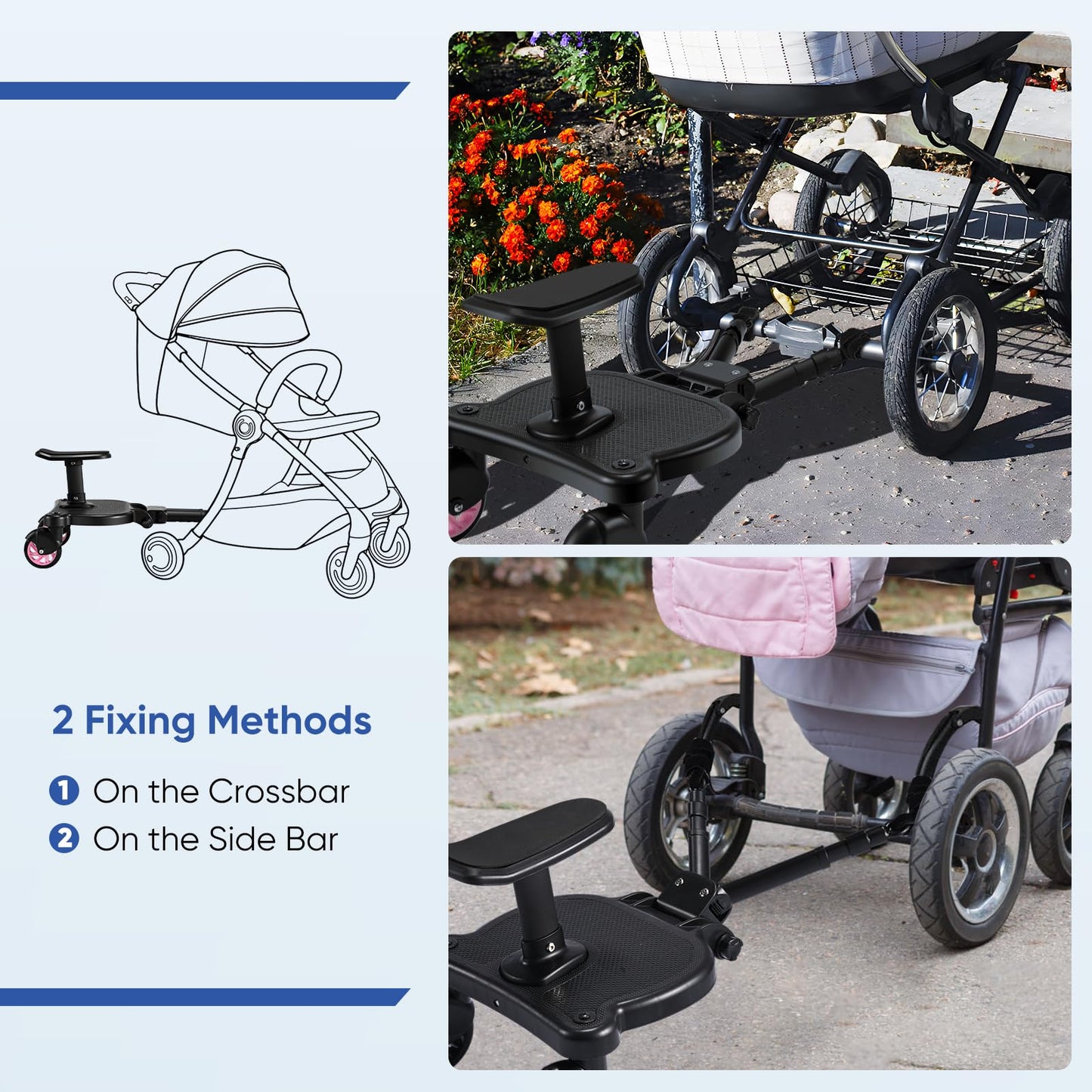 Buggy Board with Seat, FNRIDS Stroller Ride On Board Universal, with Hanging Strap, stable Two Wheel Design, 360 degree rotation, Stroller Accessory for children aged 2 to 6 years (25 kg) (Pink)