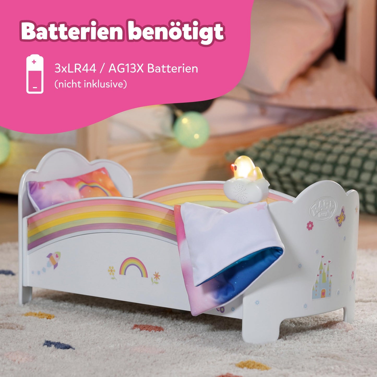 BABY born Rainbow Bed, doll bed with rainbow lights and soothing lullaby, includes reversible bedding, 835999 Zapf Creation