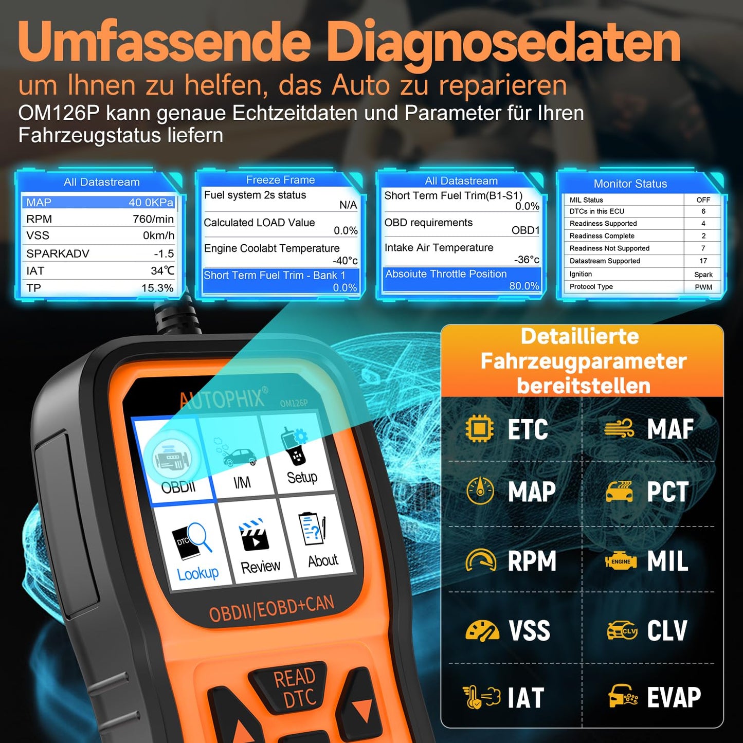 AUTOPHIX OM126P OBD2 diagnostic tool universal car fault code reader car diagnostic tool for all vehicles car scanner for OBDII protocol German