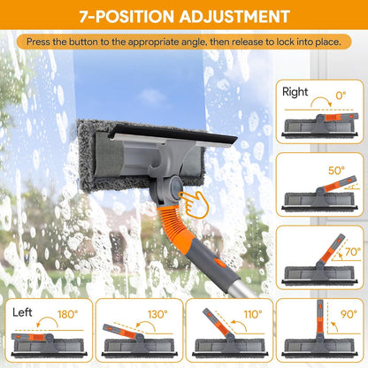 Window squeegee cleaner, 2-in-1 window cleaner cleaning set with extension pole, window washing tool with bendable head, glass cleaning tools for tall windows indoors and outdoors.