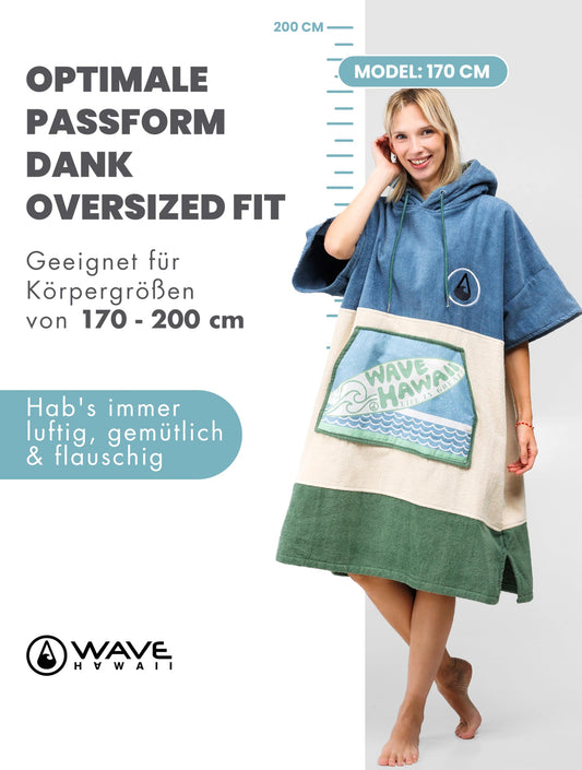 WAVE HAWAII Bath Poncho Women & Men Curitiba | Size L, 170-200cm | 100% Cotton Surf Poncho Adult | Terry Cloth Towel with High Water Absorption | Changing Aid Beach Adult