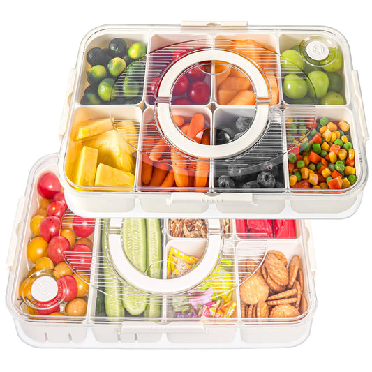 Luxear snackbox with 14 compartments, 2 sets of snack plates with lid and handle, reusable snack bowl for kids, snack container organizer for snacks, nuts, fruits, spices, for parties, picnics, dishwasher safe.