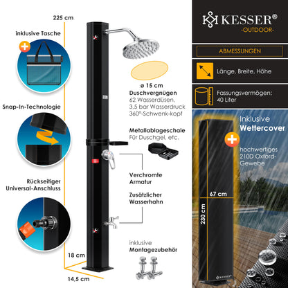 KESSER® 40-liter solar garden shower with metal shower tray & cover | warm water | max. 60°C | no need for electricity | poolside shower for camping | rain shower head and water tap | Black