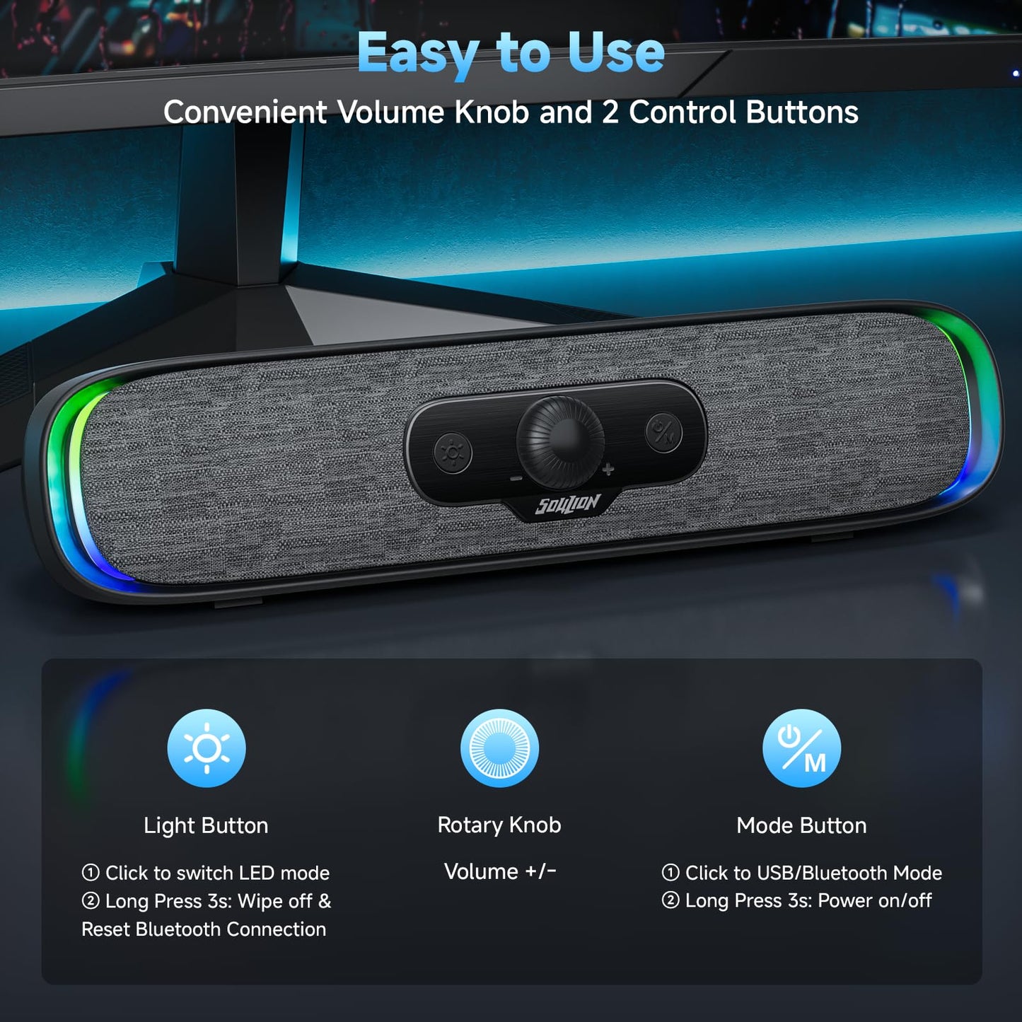 SOULION R200 PC Speakers USB C Bluetooth RGB Soundbar with 3 LED light effects, Compact Computer Bar Speakers for PC, Monitor, Laptop