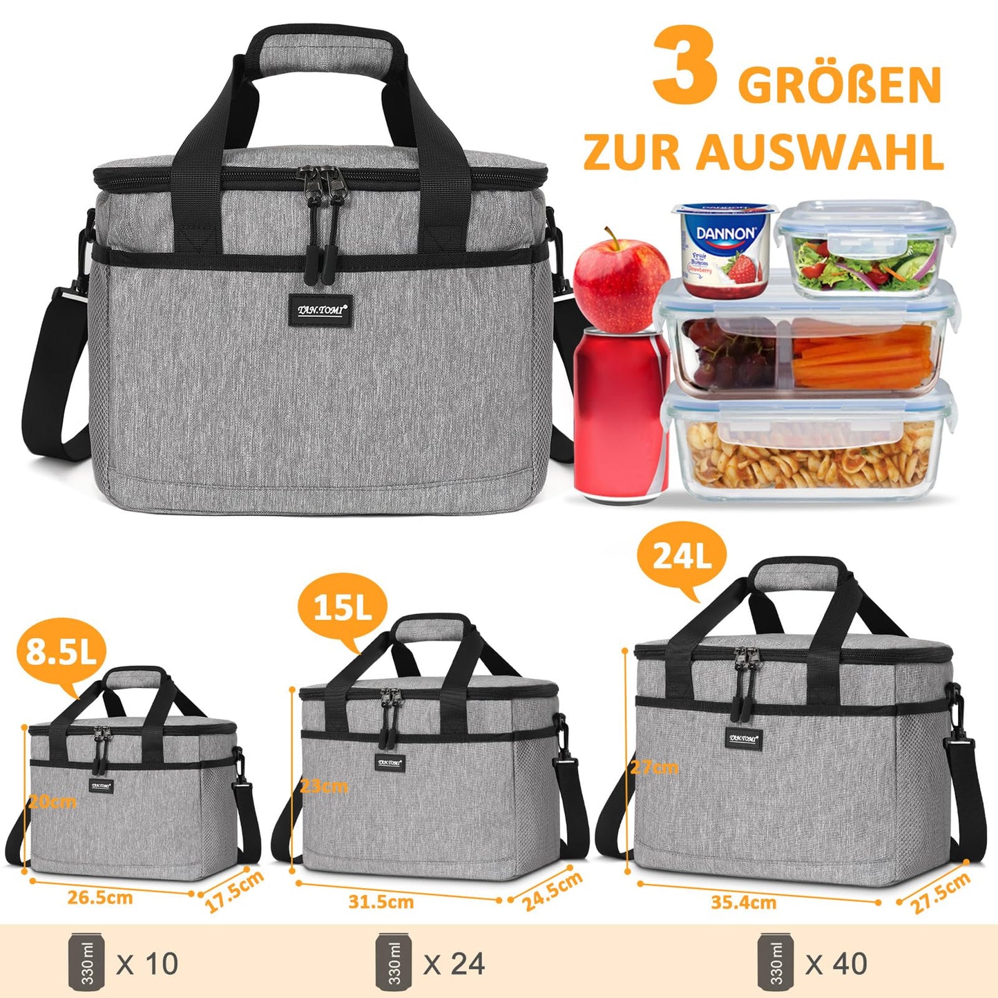 CALIYO Cooler Bag 15L Foldable & Portable with Zipper - Lunch Bag for Men and Women, Insulated Lunch Tote for Work, School, Picnic, Travel - 3 Sizes: 8.5 L / 15 L / 24 L (Grey)