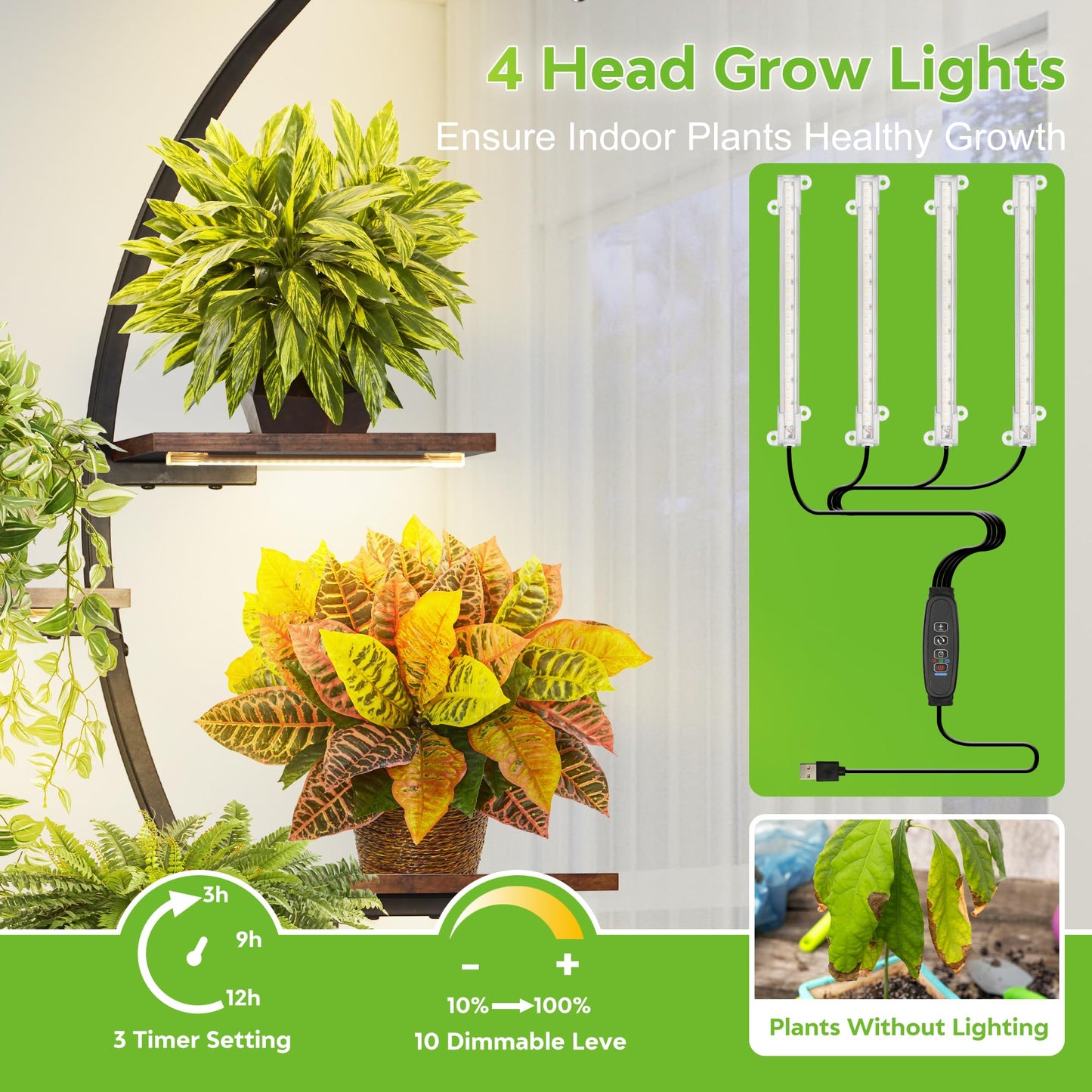 REAWOW Large Flower Stairs with Plant Lamp, 9-Tier Metal Plant Stand for Multiple Plants Wooden Plant Shelf for Indoor Plants, Living Room, Patio, Balcony