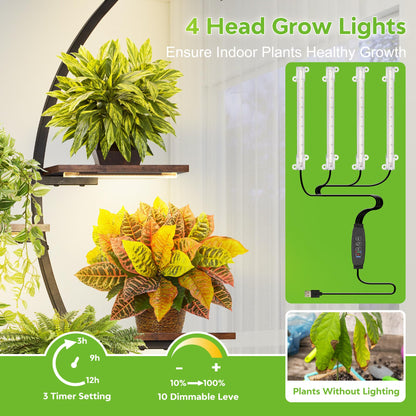 REAWOW Large Flower Stairs with Plant Lamp, 9-Tier Metal Plant Stand for Multiple Plants Wooden Plant Shelf for Indoor Plants, Living Room, Patio, Balcony
