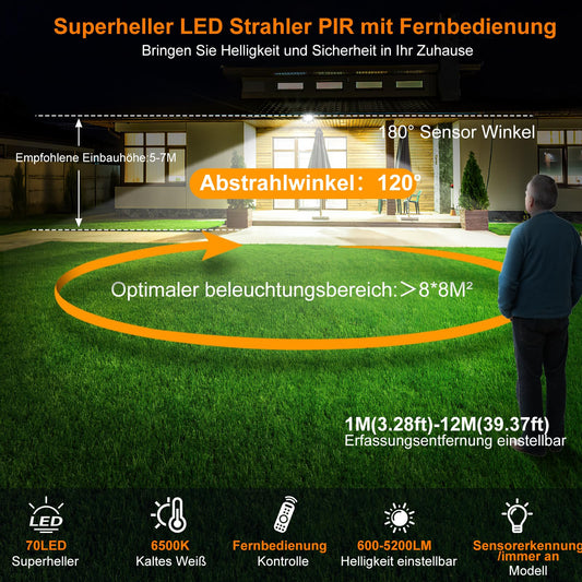 MEIKEE 60W LED floodlight with motion sensor, remote control, 5200LM super bright 6500K daylight white LED spotlight. IP66 waterproof with adjustable brightness and timing function. Perfect for garden, garage, yard.