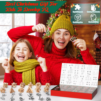 Brain teaser advent calendar 2025 for kids- 24 day Christmas calendar gifts with metal puzzles and wooden 3D puzzles, skill games for boys, girls, teens & adults.