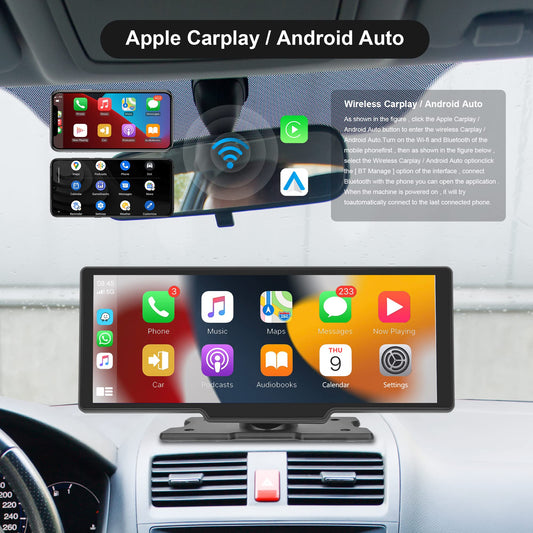 Wireless Apple Carplay Android Auto Portable Car Radio with Rearview Camera 64G TF Card, 10.26-inch Touchscreen Portable Car Radio with Airplay/Android Cast/Dual Bluetooth/FM Transmitter/Voice Control/AUX.