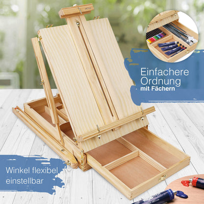 Artina 30-piece easel set Madrid - portable easel with XXL acrylic canvas painting set - field easel with 90° tilt - wooden easel set with 18 acrylic paints, 2 stretcher frames, brushes, and painting spatulas.