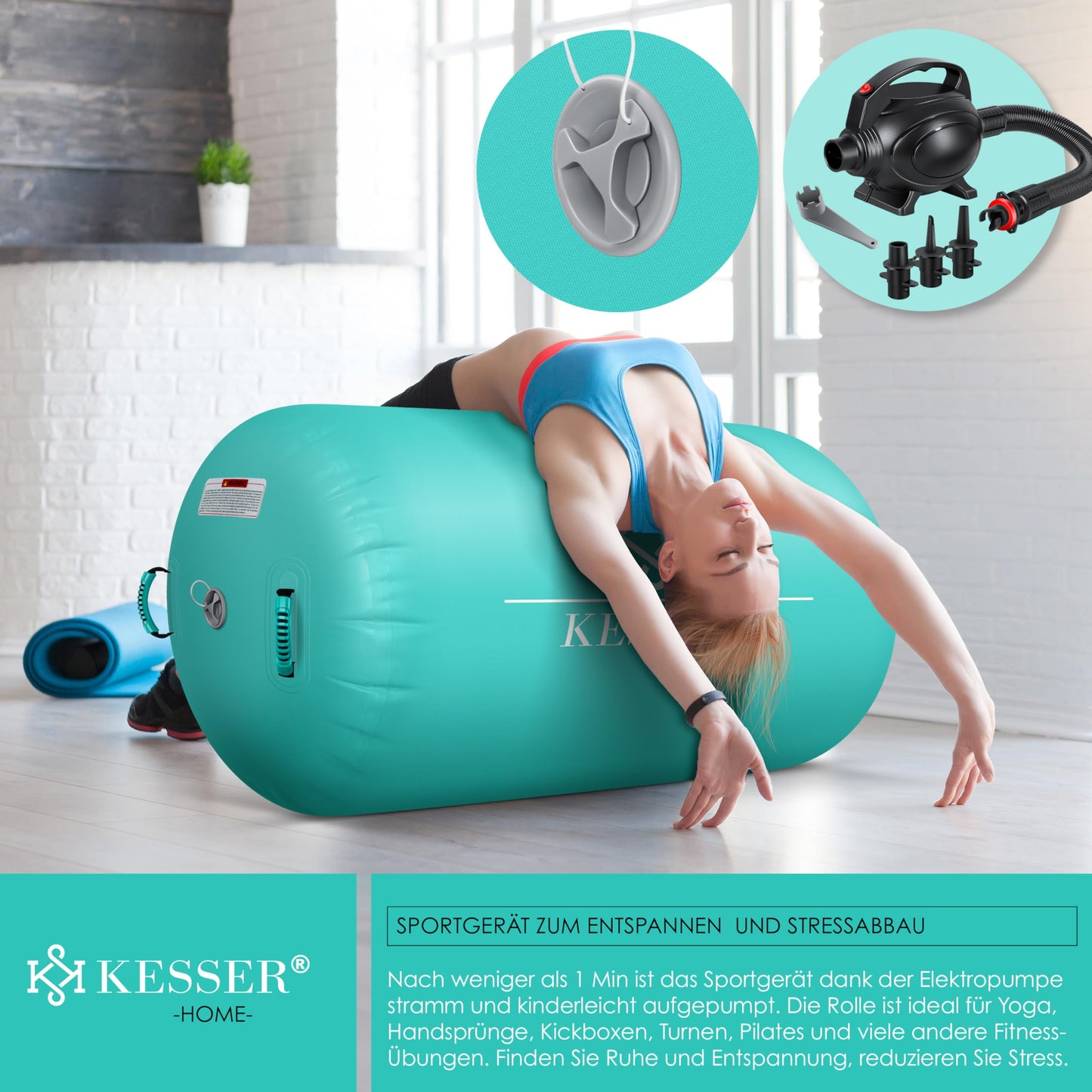 KESSER® Inflatable Airtrack | incl. carrying bag & electric air pump | Barrel Tumbling, Yoga, Fitness mat, Training aid, Gymnastics mat, Balance trainer, Sport mat, Workout