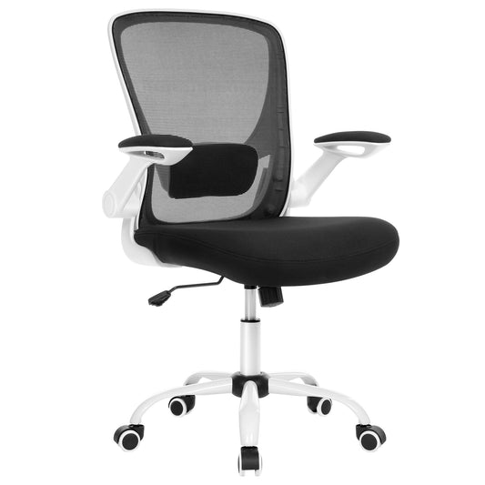 SONGMICS Ergonomic Canvas Office Chair, Seat with Padded Lumbar Support, Tilt Mechanism, Wide 53cm Seat, Foldable Armrests, Black and White OBN37WT