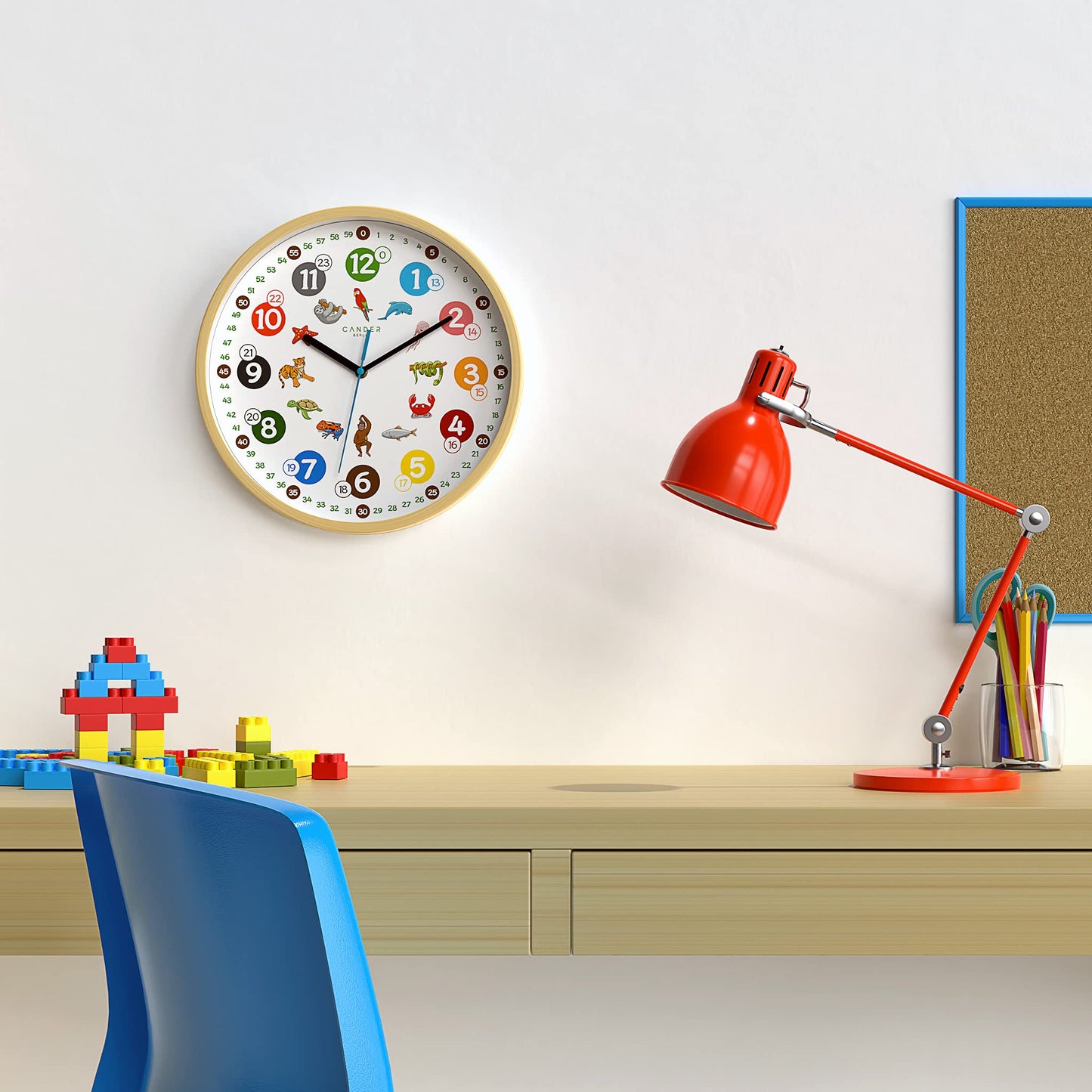 Cander Berlin MNU 2430 T Wooden Kids Wall Clock 30.5 cm Animal Learning Clock Silent Analog Wood Frame Nursery Non-ticking for Boys Girls