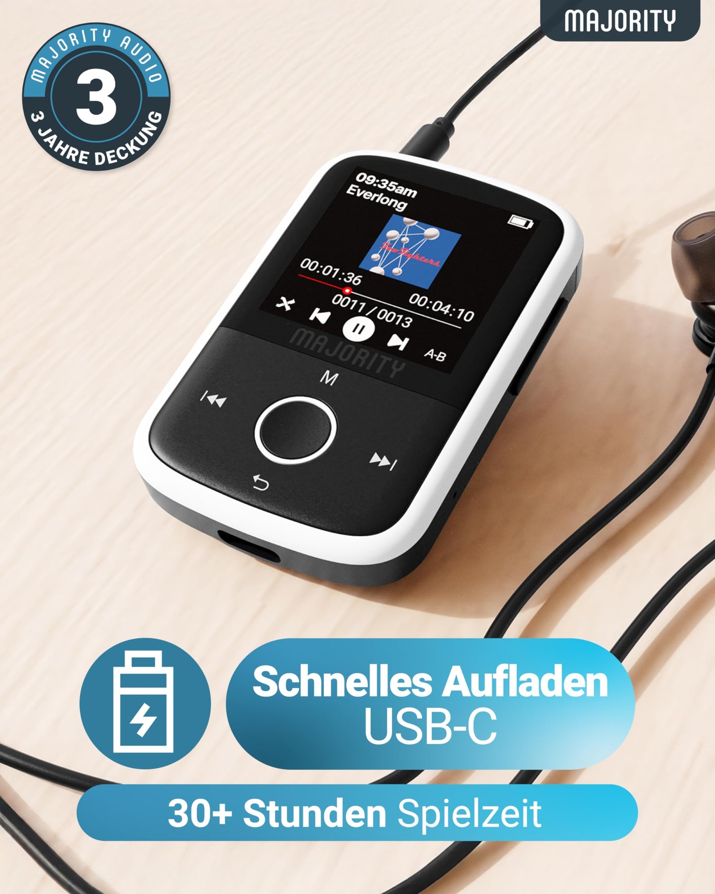 MP3 Player Bluetooth | 16GB internal storage, expandable up to 128GB | MP3 player with clip | USB-C | 34 hours battery life | Music player | MAJORITY MP3-GO