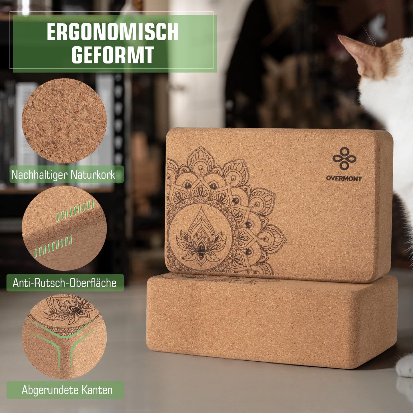 Overmont Yoga Blocks Cork 2 Pack Yoga Block with Yoga Strap - Cork Block for Fitness, Pilates, Stretching, and Meditation.