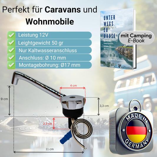 Comet faucet NOVO 12v for RV - With 10 mm connection (cold), Black/Chrome, Compact camping faucet suitable with pump, Ideal for RV sinks.
