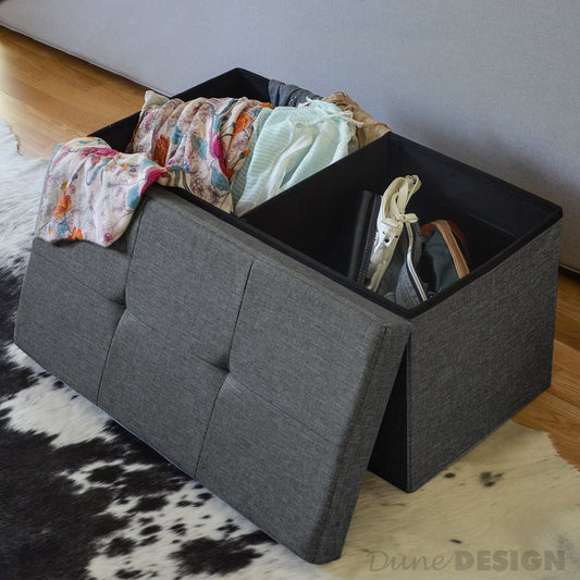DuneDesign bench with 80L storage - 76x38x38 cm ottoman - Foldable seat chest with divider chest Dark grey