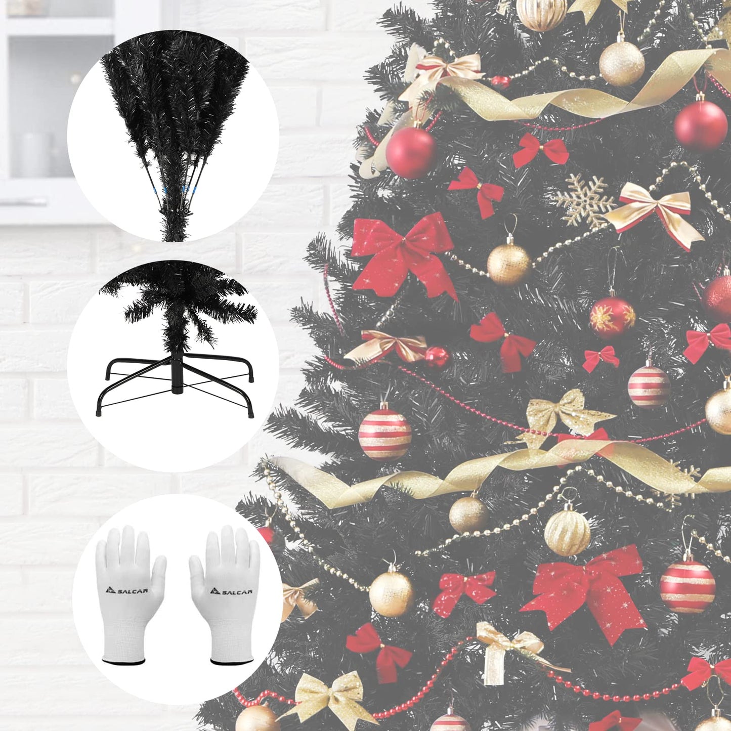 SALCAR Artificial Christmas Tree 180 cm Black, Artificial Pine Tree with Gloves and Metal Stand, Christmas Trees as Indoor Christmas Decorations