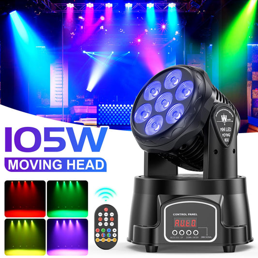 2 pack 7X15W Moving Head Wash LED lights with dmx512 RGBW, 5 control modes, 4 in 1 DJ lights for live events, bar, karaoke, Christmas, Halloween, home parties, weddings.