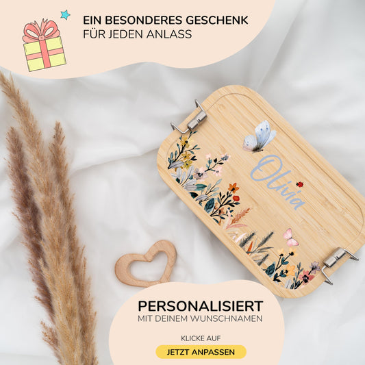 Kidsmood - Personalized lunch box for kids with compartments, stainless steel lunchbox with bamboo lid. Printed without harmful substances, featuring cute animal design & name. Perfect back-to-school gift for girls & boys.