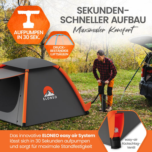ELONEO inflatable tent for 1-3 people with canopy & air pump, waterproof camping tent, lightweight air tent, Inflatable Tent, Glamping tent with free LED light