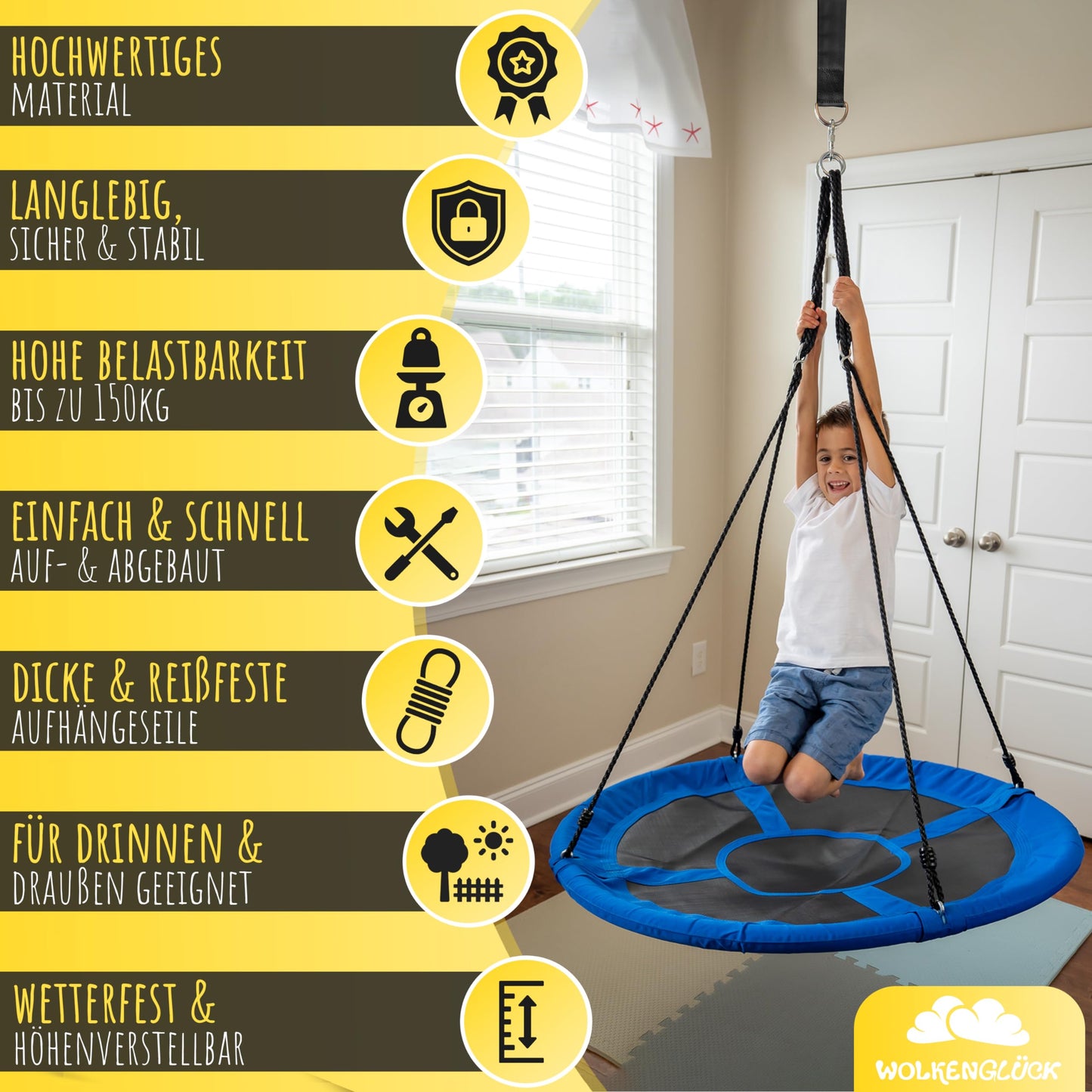 WOLKENGLÜCK® Nest Swing [Ø 110 cm] - Adjustable Height Swing for Outdoor & Indoor Use for Kids and Adults [up to 150 kg] - Includes Mounting Accessories - Kids Swing