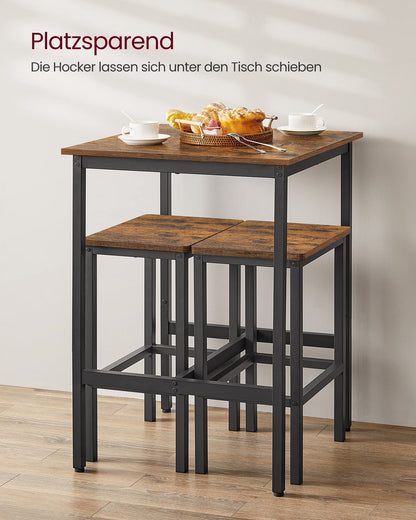 VASAGLE bar table with bar stool set, dining table with 2 chairs, small kitchen table, bar chairs, for dining room, kitchen, vintage brown-ink black LBT017B01