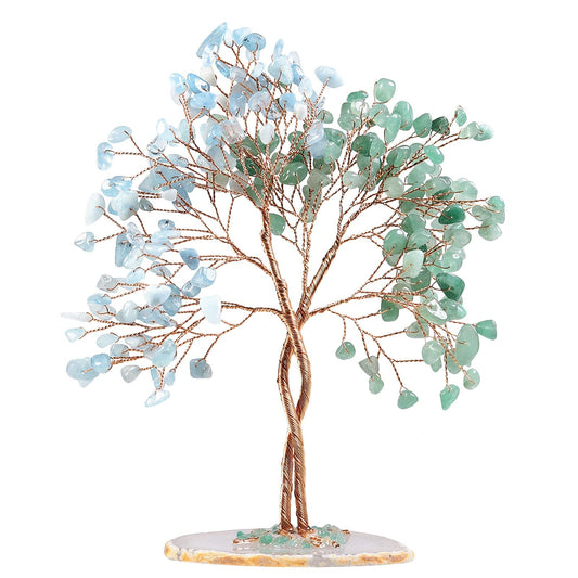 Nupuyai Crystal Tree Feng Shui Gemstone Tree, Lucky Tree, Money Tree Gift, Wedding, Decor Living Room Bedroom (Green Aventurine & Aquamarine, Agate Slice Base)
